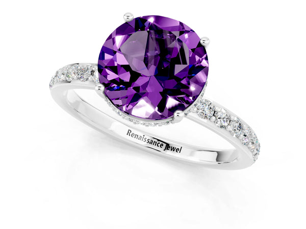 White gold Round Cut Amethyst Solitaire Ring with Pavé Band and Hidden Halo