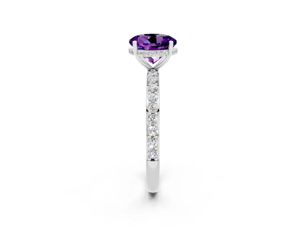 White gold Round Cut Amethyst Solitaire Ring with Pavé Band and Hidden Halo