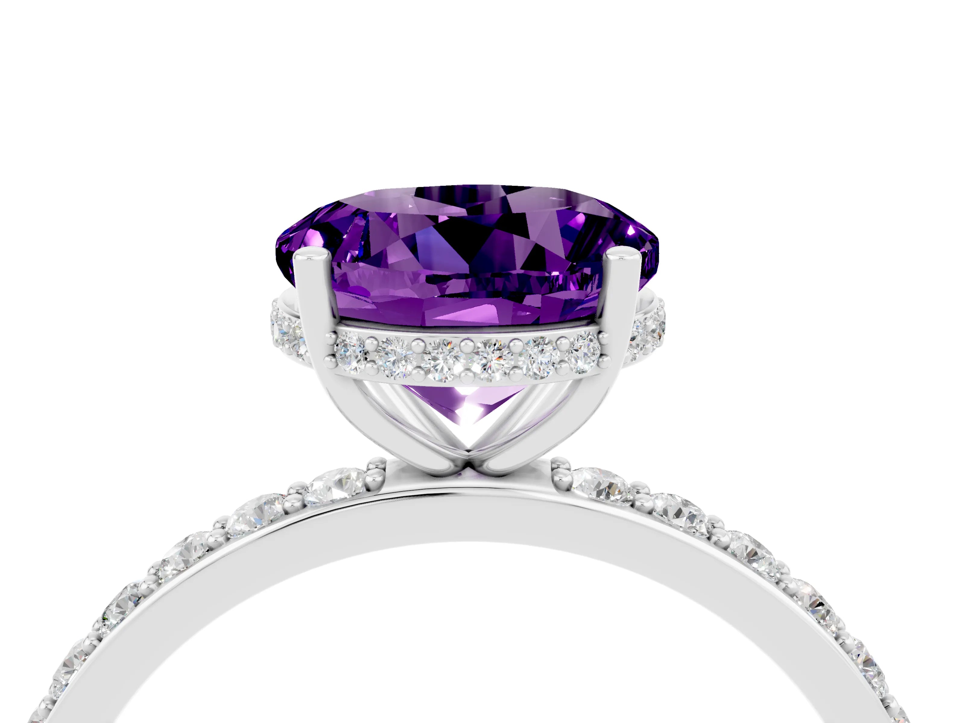 White gold Round Cut Amethyst Solitaire Ring with Pavé Band and Hidden Halo_40