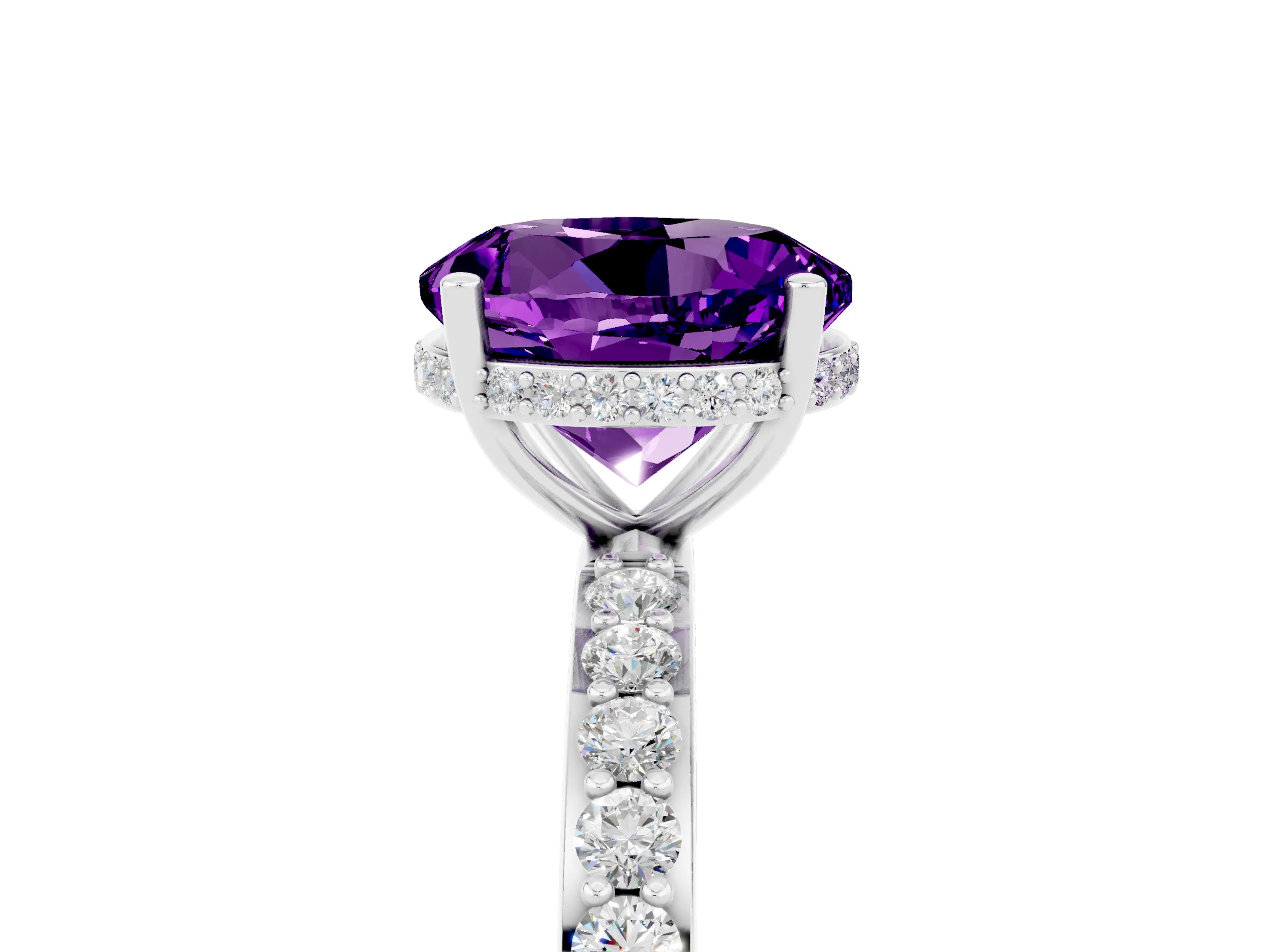 White gold Round Cut Amethyst Solitaire Ring with Pavé Band and Hidden Halo_41