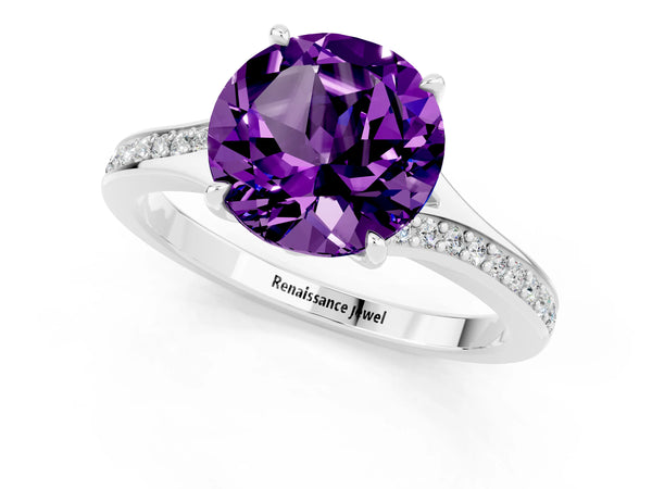 Platinum Round Cut Amethyst Solitaire Ring with Pavé Band and Prong Setting
