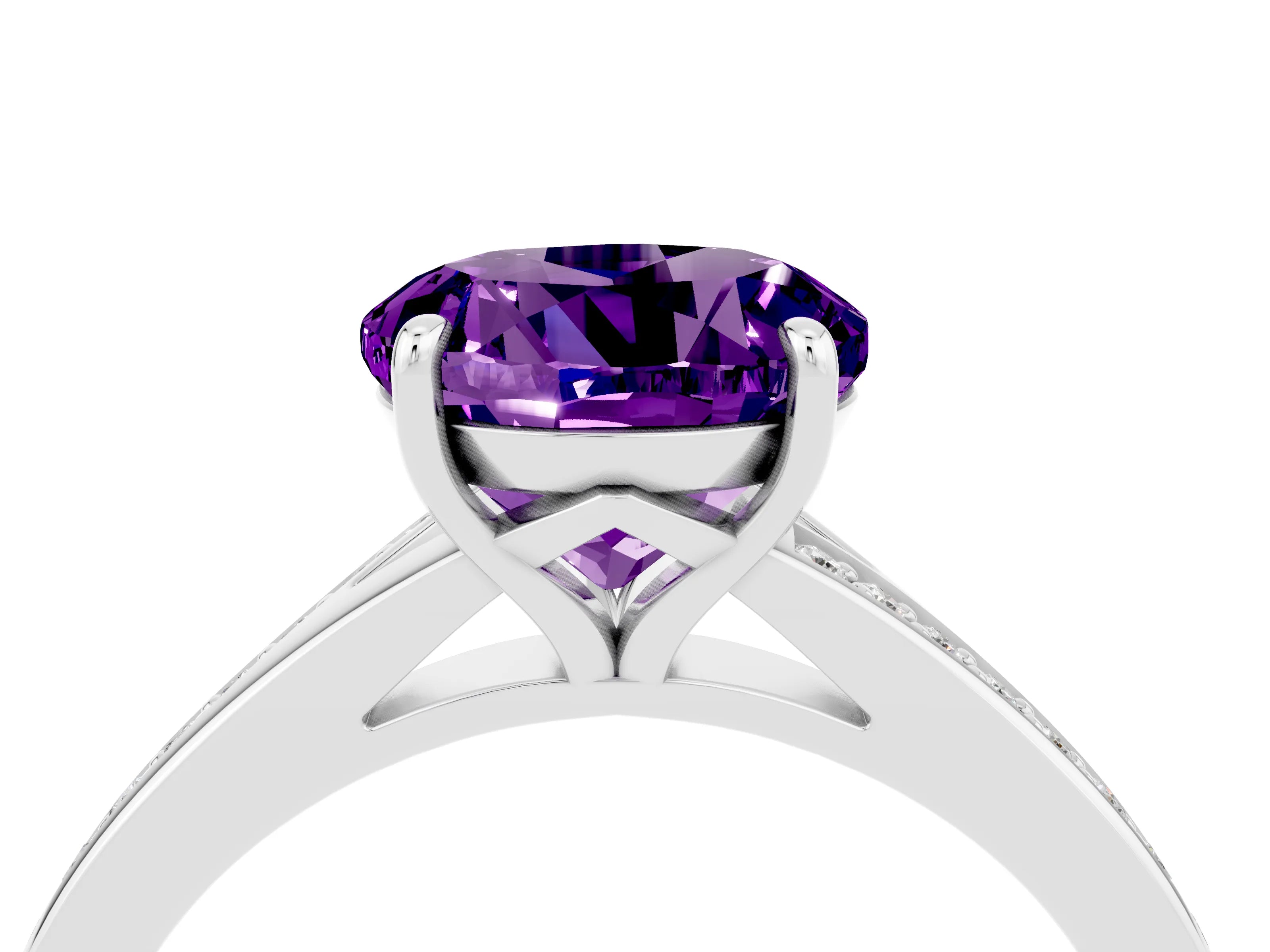 White gold Round Cut Amethyst Solitaire Ring with Pavé Band and Prong Setting_16