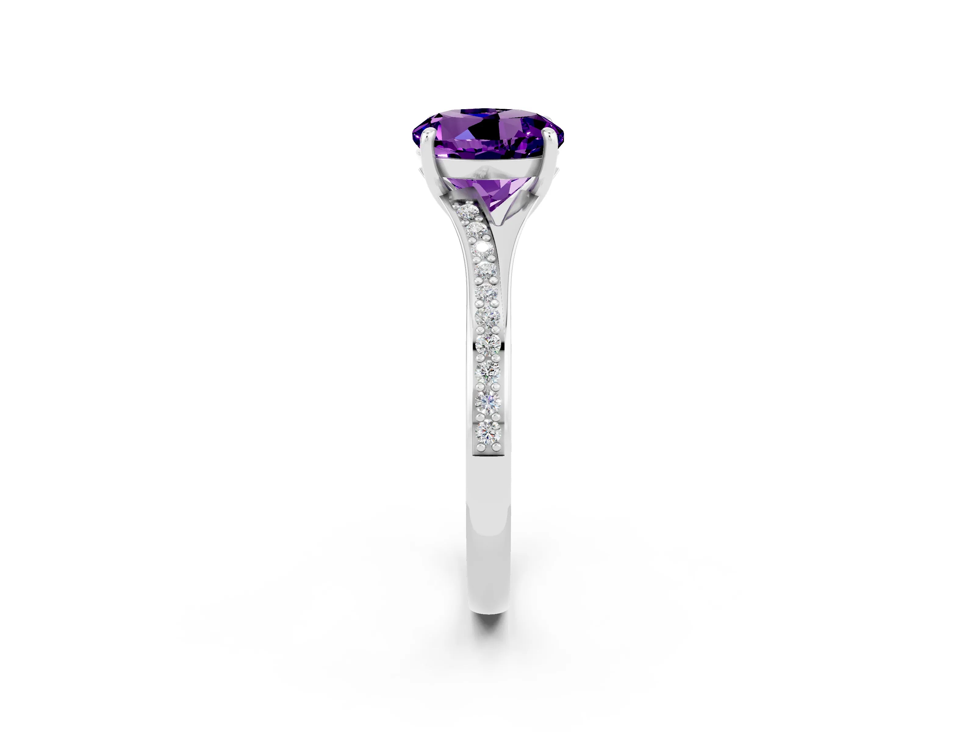 White gold Round Cut Amethyst Solitaire Ring with Pavé Band and Prong Setting_2