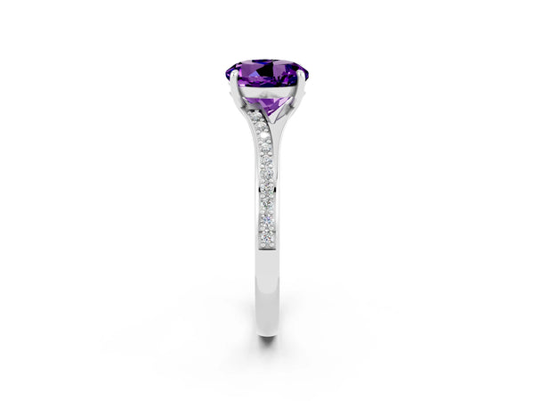 White gold Round Cut Amethyst Solitaire Ring with Pavé Band and Prong Setting