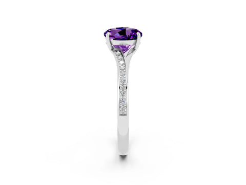White gold Round Cut Amethyst Solitaire Ring with Pavé Band and Prong Setting_2