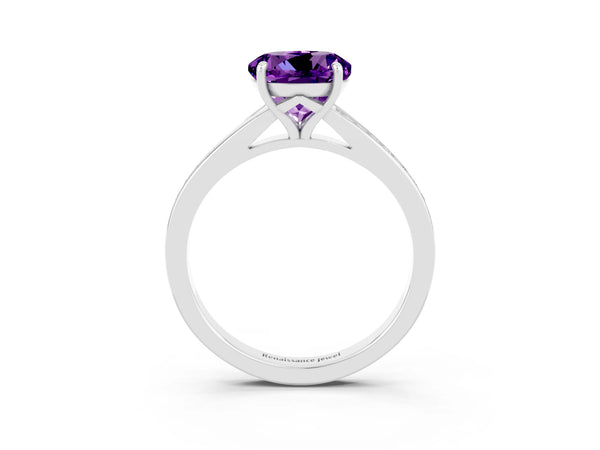 Platinum Round Cut Amethyst Solitaire Ring with Pavé Band and Prong Setting