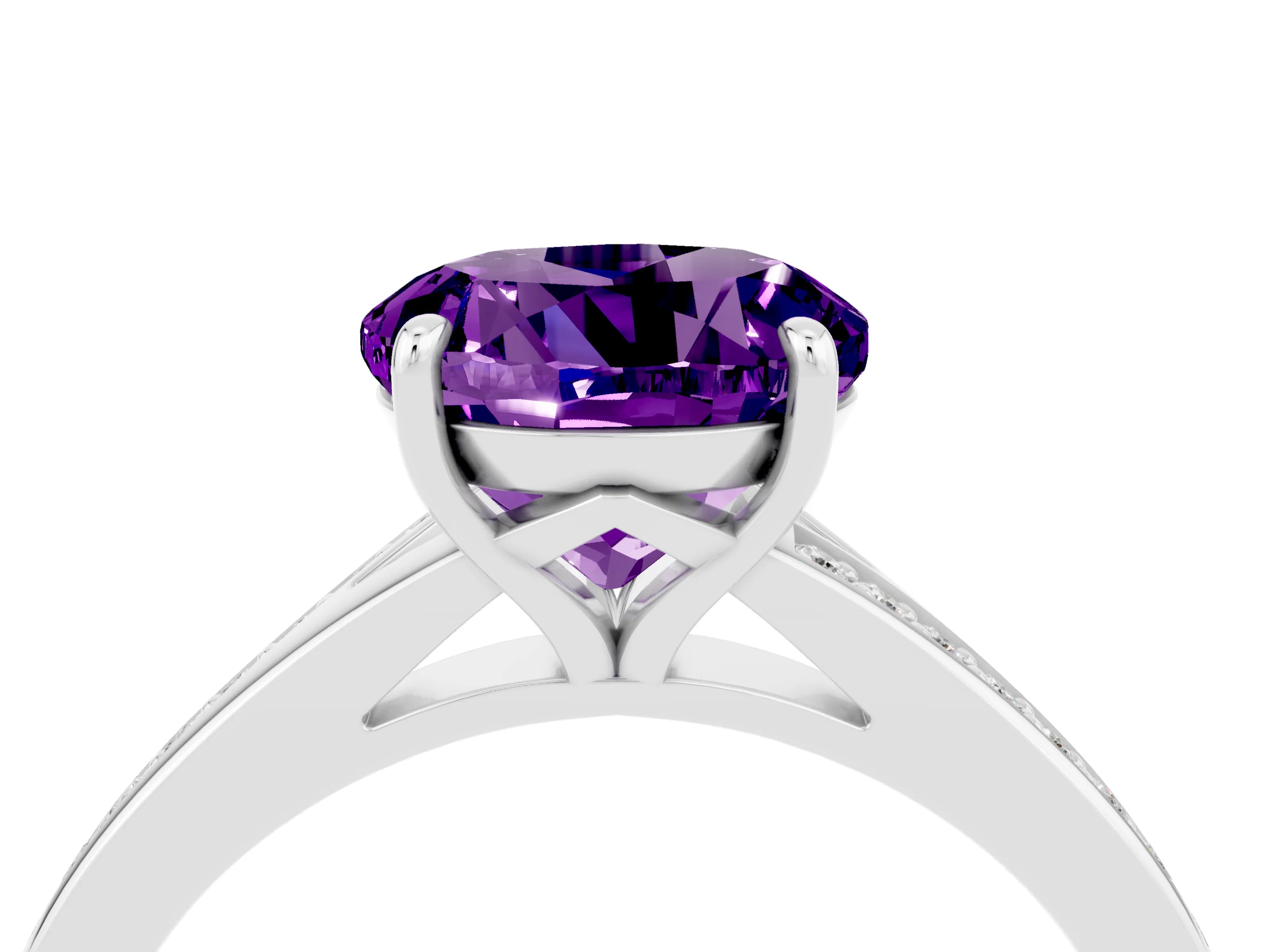White gold Round Cut Amethyst Solitaire Ring with Pavé Band and Prong Setting_4