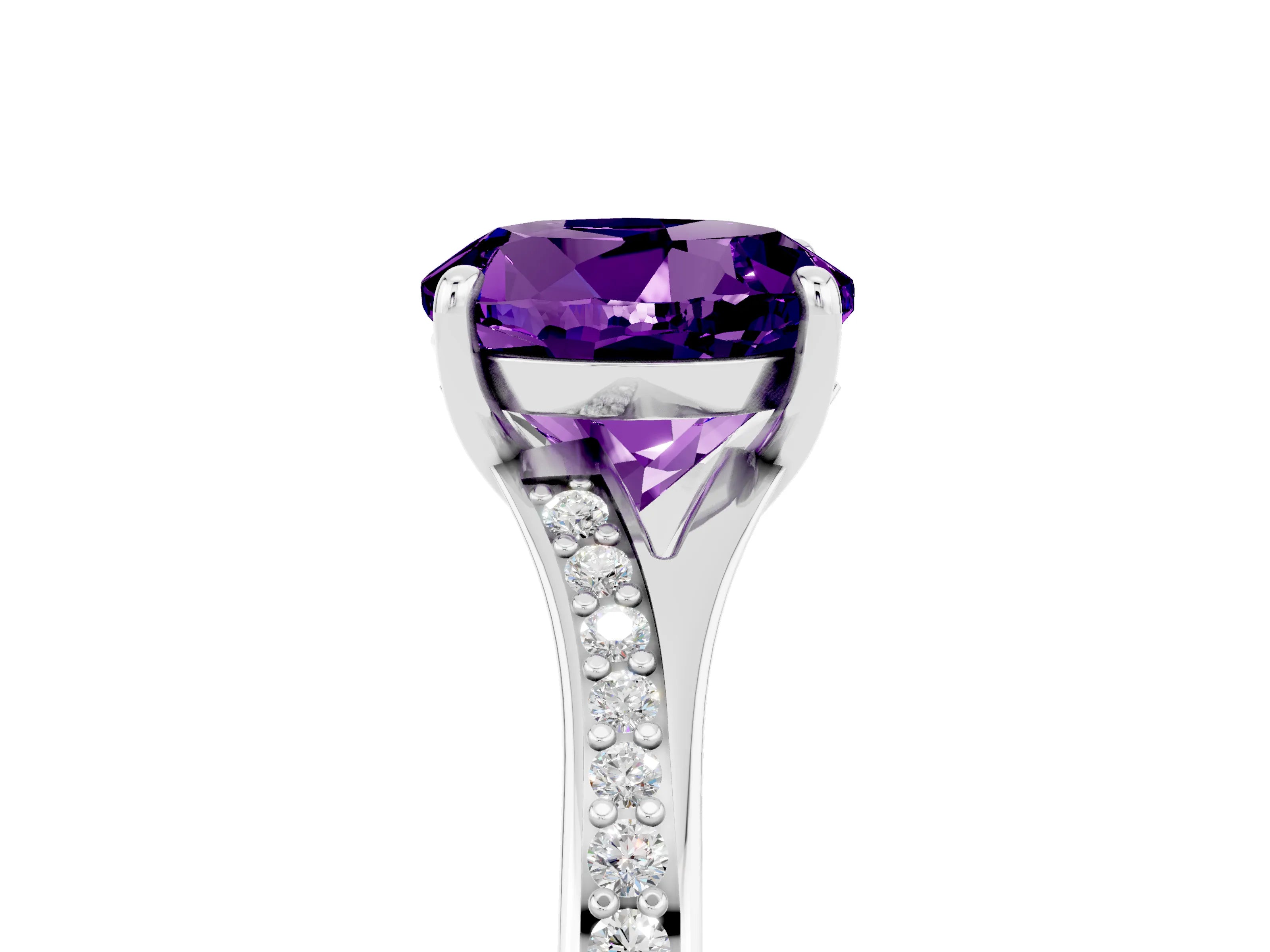 White gold Round Cut Amethyst Solitaire Ring with Pavé Band and Prong Setting_5