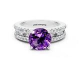 White gold Round Cut Amethyst Solitaire Ring with Pavé and Channel Set Band
