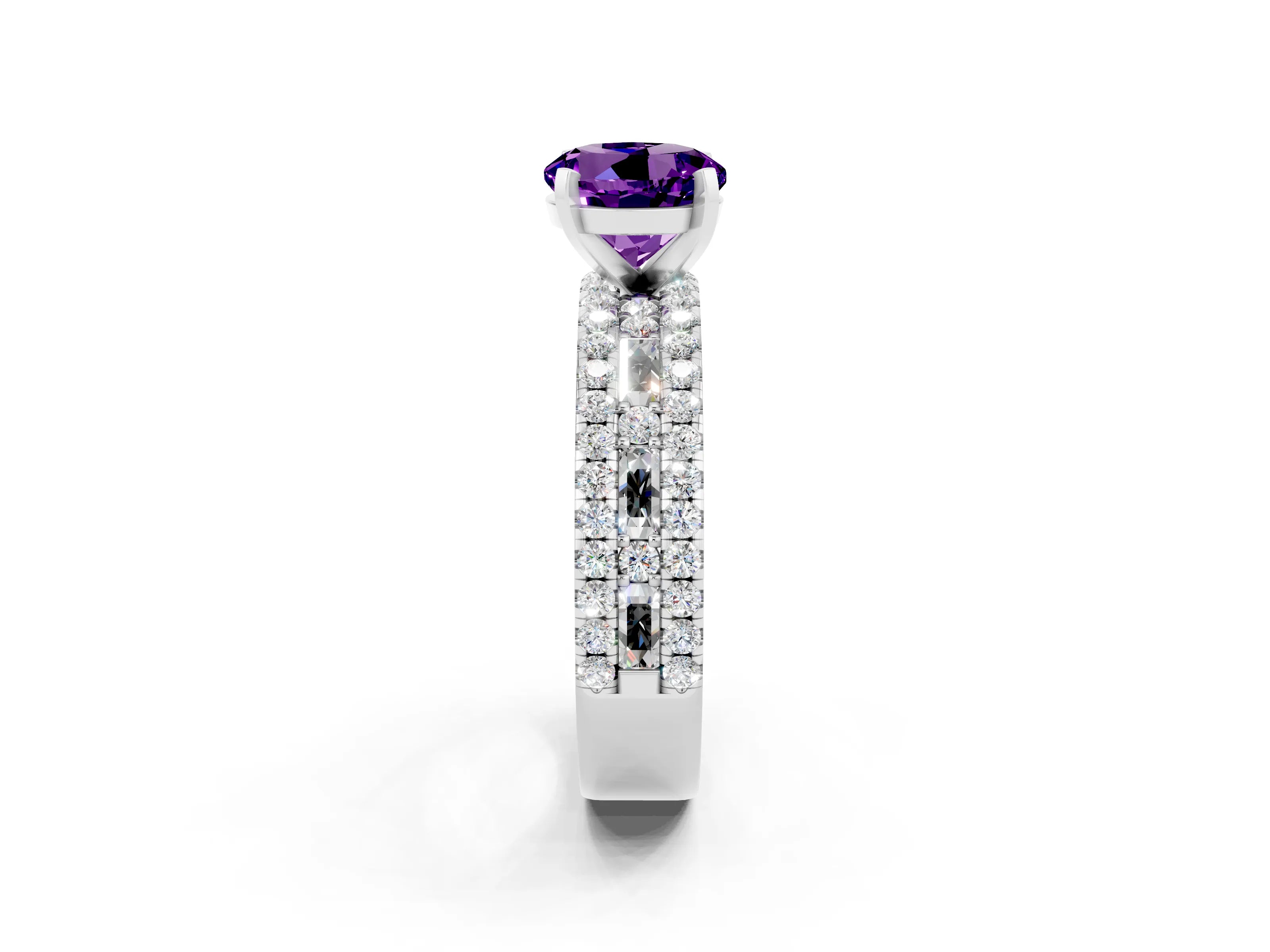 White gold Round Cut Amethyst Solitaire Ring with Pavé and Channel Set Band_2