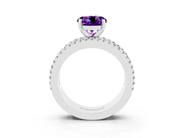 Silver Round Cut Amethyst Solitaire Ring with Pavé and Channel Set Band