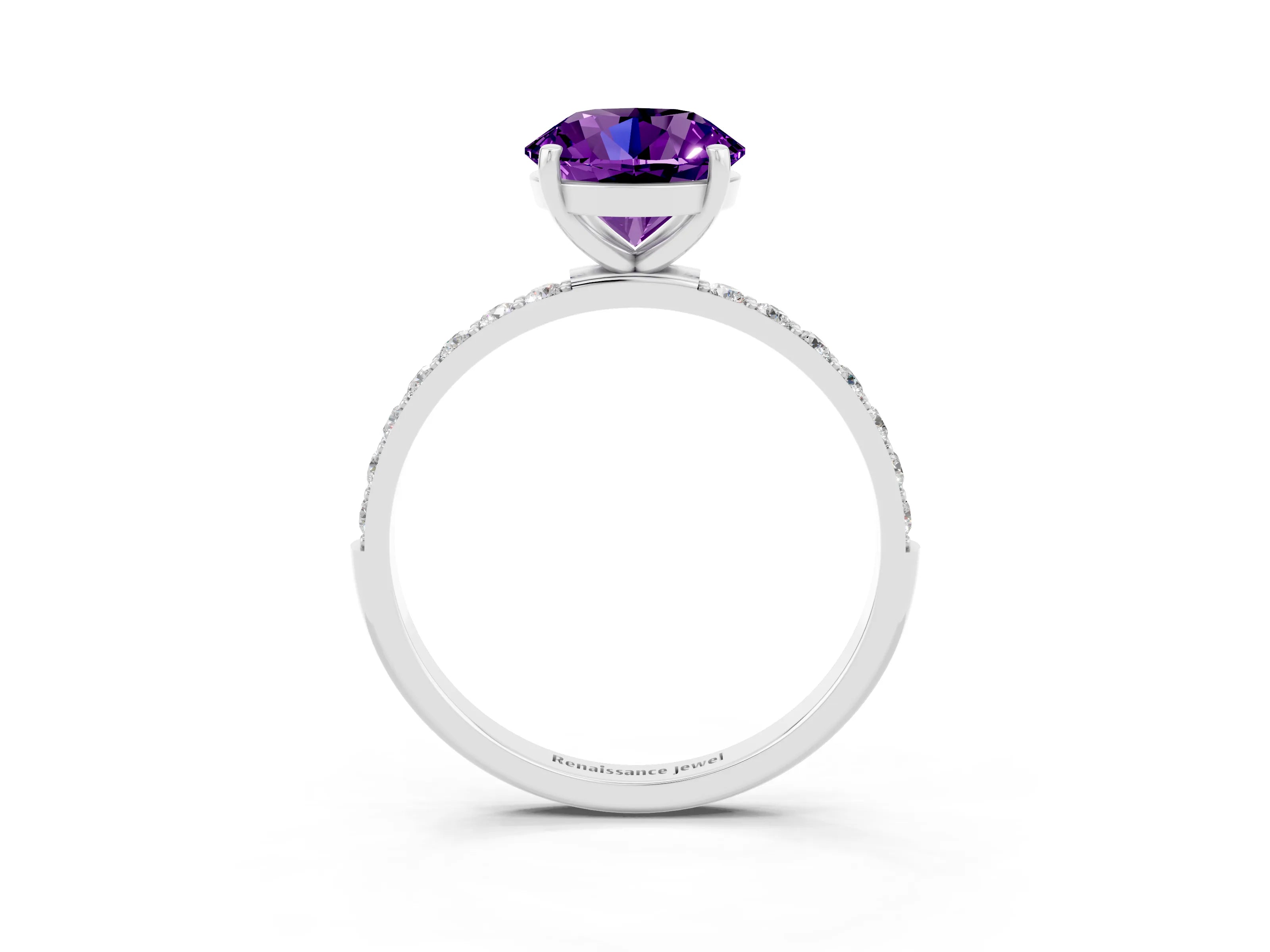 White gold Round Cut Amethyst Solitaire Ring with Pave Band and Four Prong Setting_15