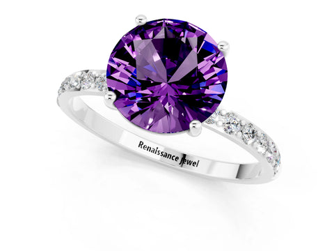 White gold Round Cut Amethyst Solitaire Ring with Pave Band and Four Prong Setting_25