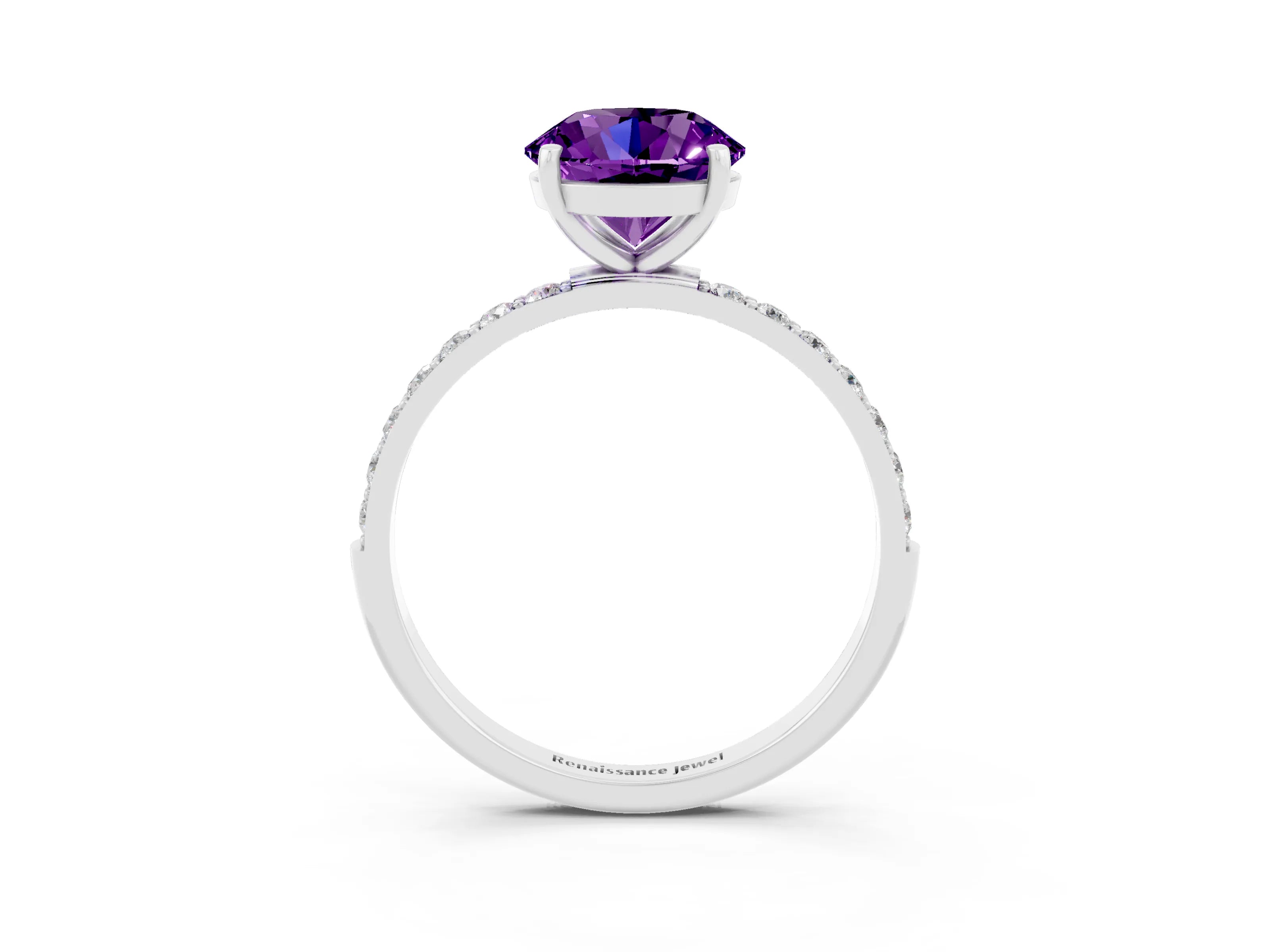 White gold Round Cut Amethyst Solitaire Ring with Pave Band and Four Prong Setting_27
