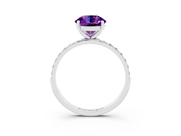Silver Round Cut Amethyst Solitaire Ring with Round  Pavé Band and Prong Setting