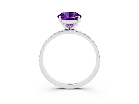 White gold Round Cut Amethyst Solitaire Ring with Pave Band and Four Prong Setting_27