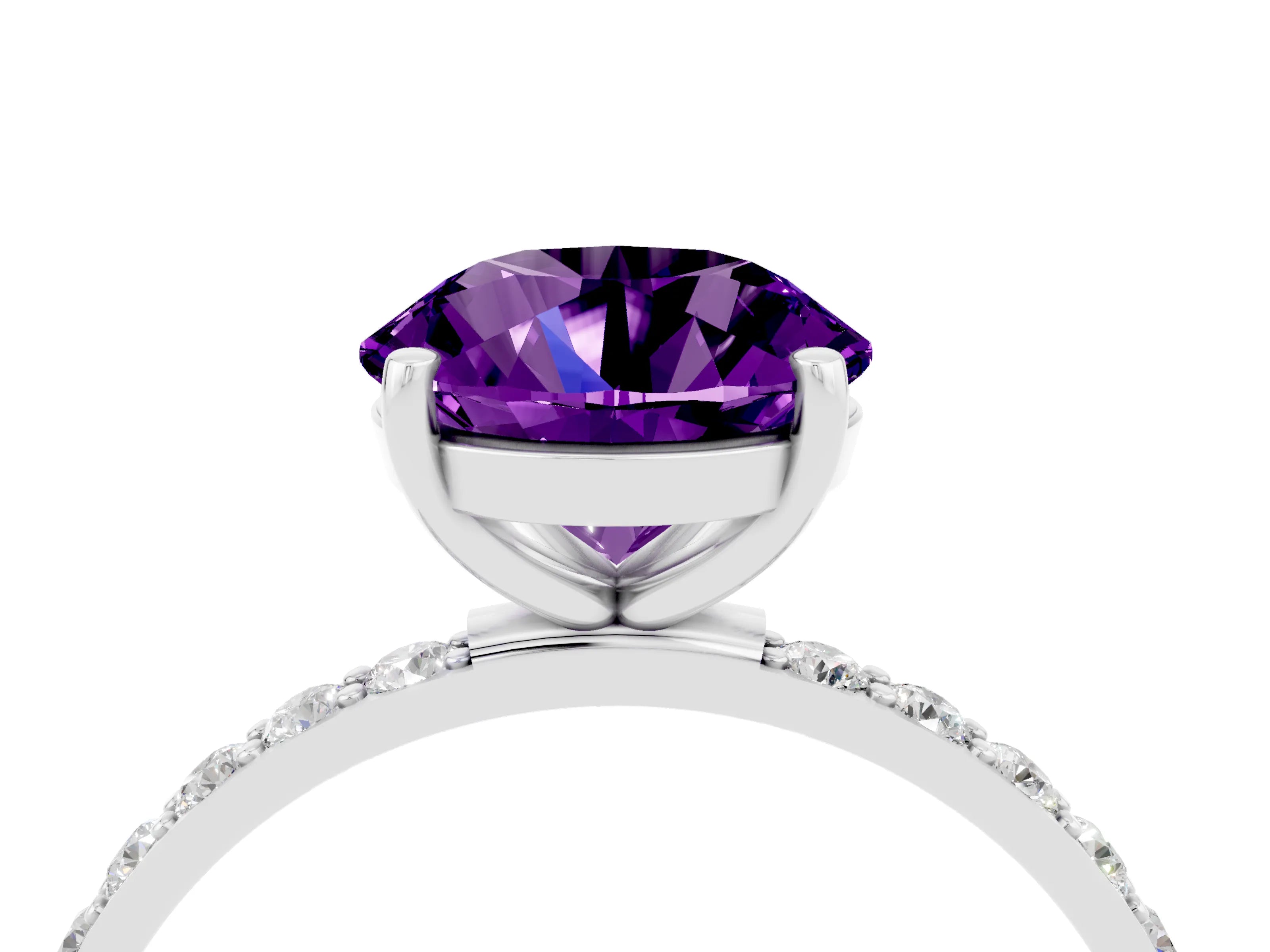 White gold Round Cut Amethyst Solitaire Ring with Pave Band and Four Prong Setting_28