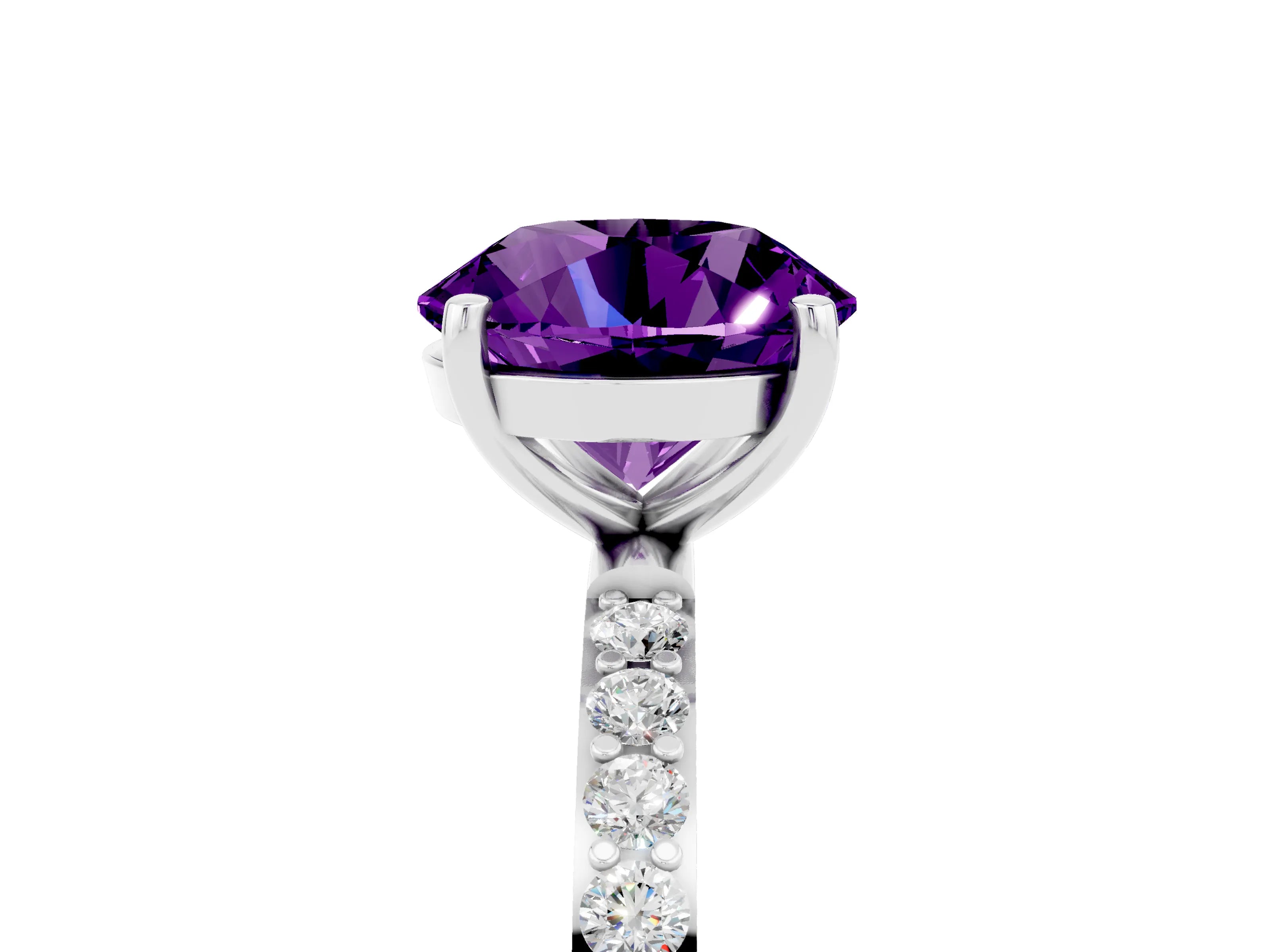 White gold Round Cut Amethyst Solitaire Ring with Pave Band and Four Prong Setting_29