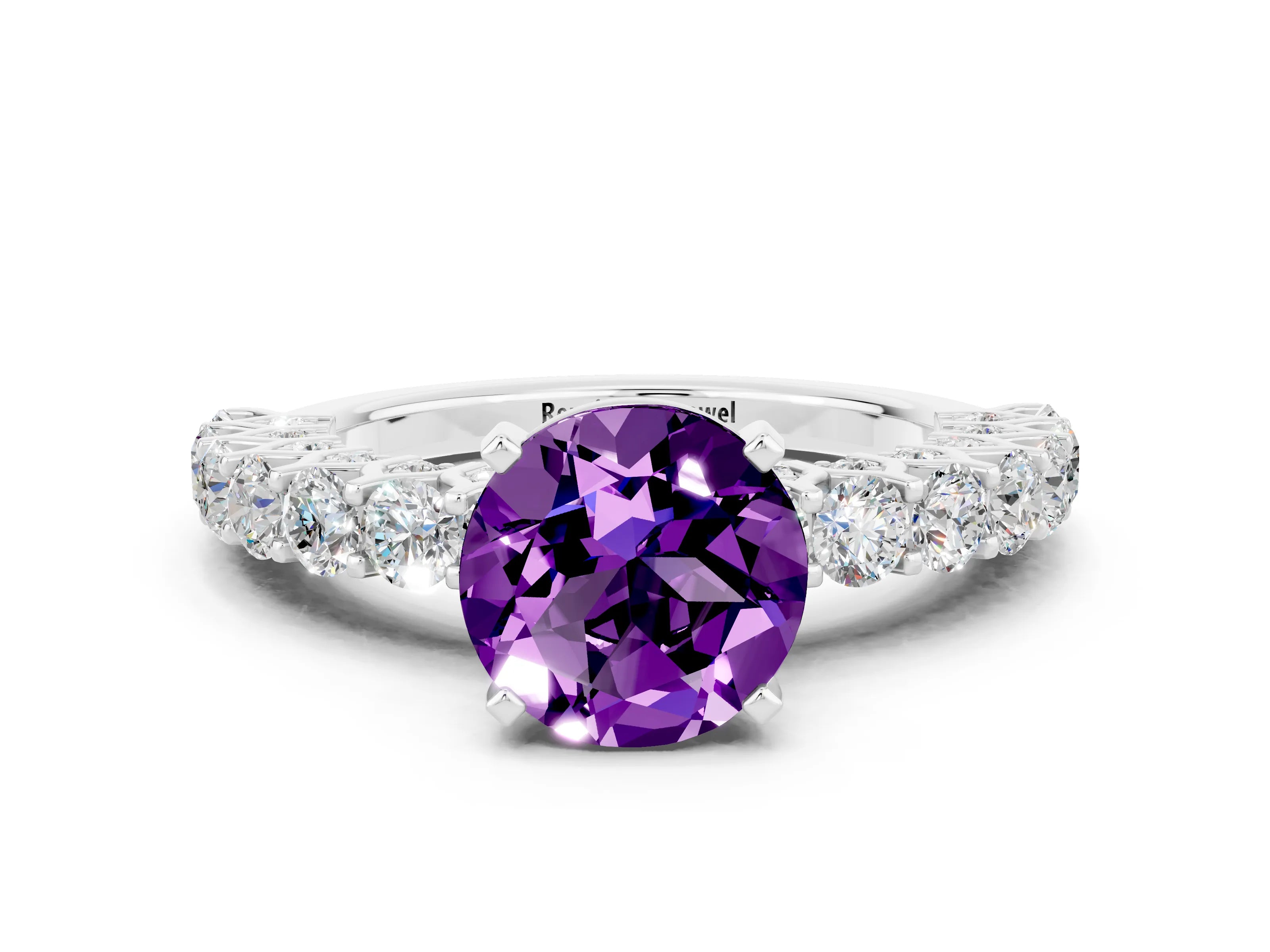 White gold Round Cut Amethyst Solitaire Ring with Shared Prong Pavé Band and Four-Prong Setting