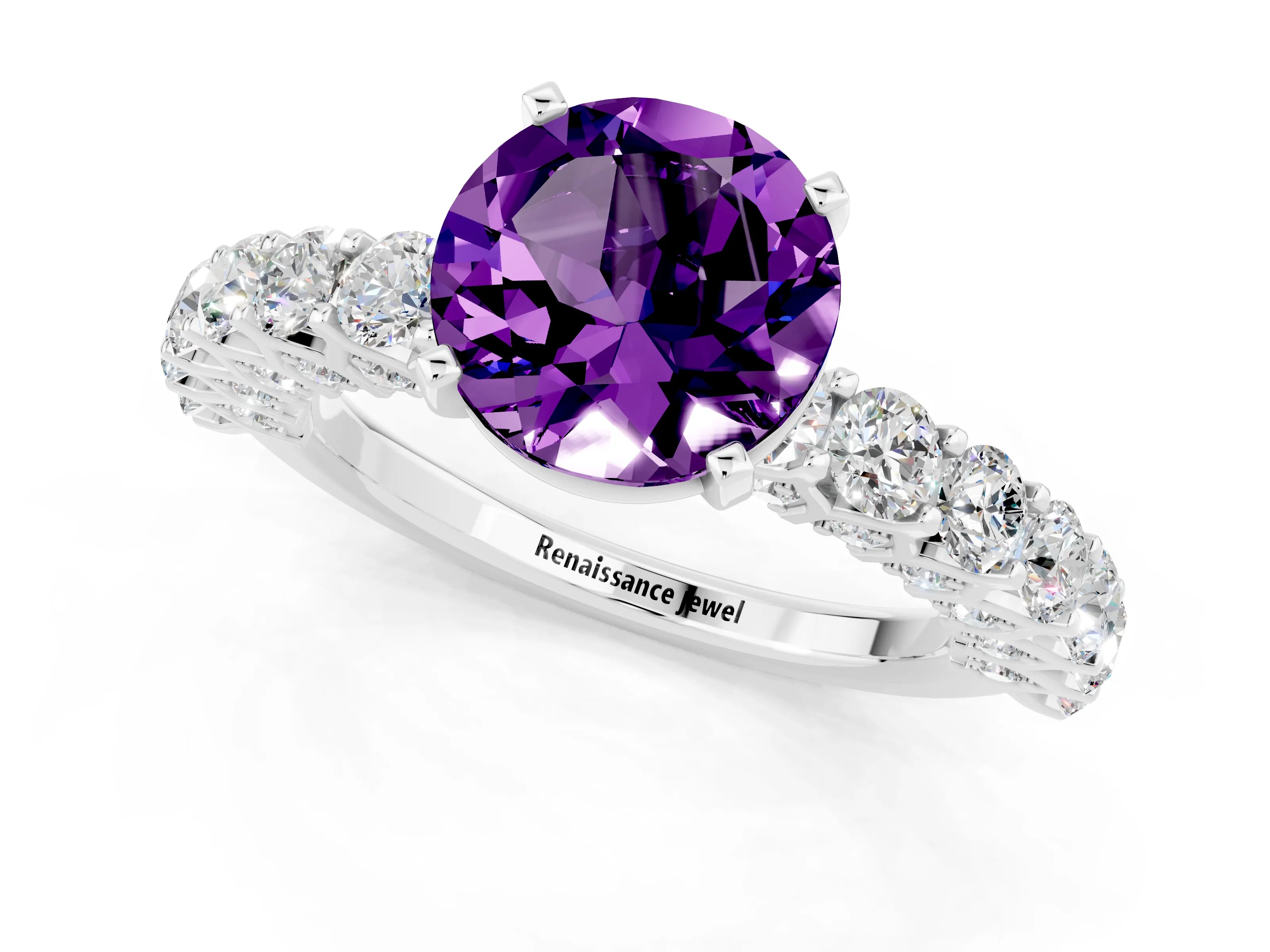 White gold Round Cut Amethyst Solitaire Ring with Shared Prong Pavé Band and Four-Prong Setting_1