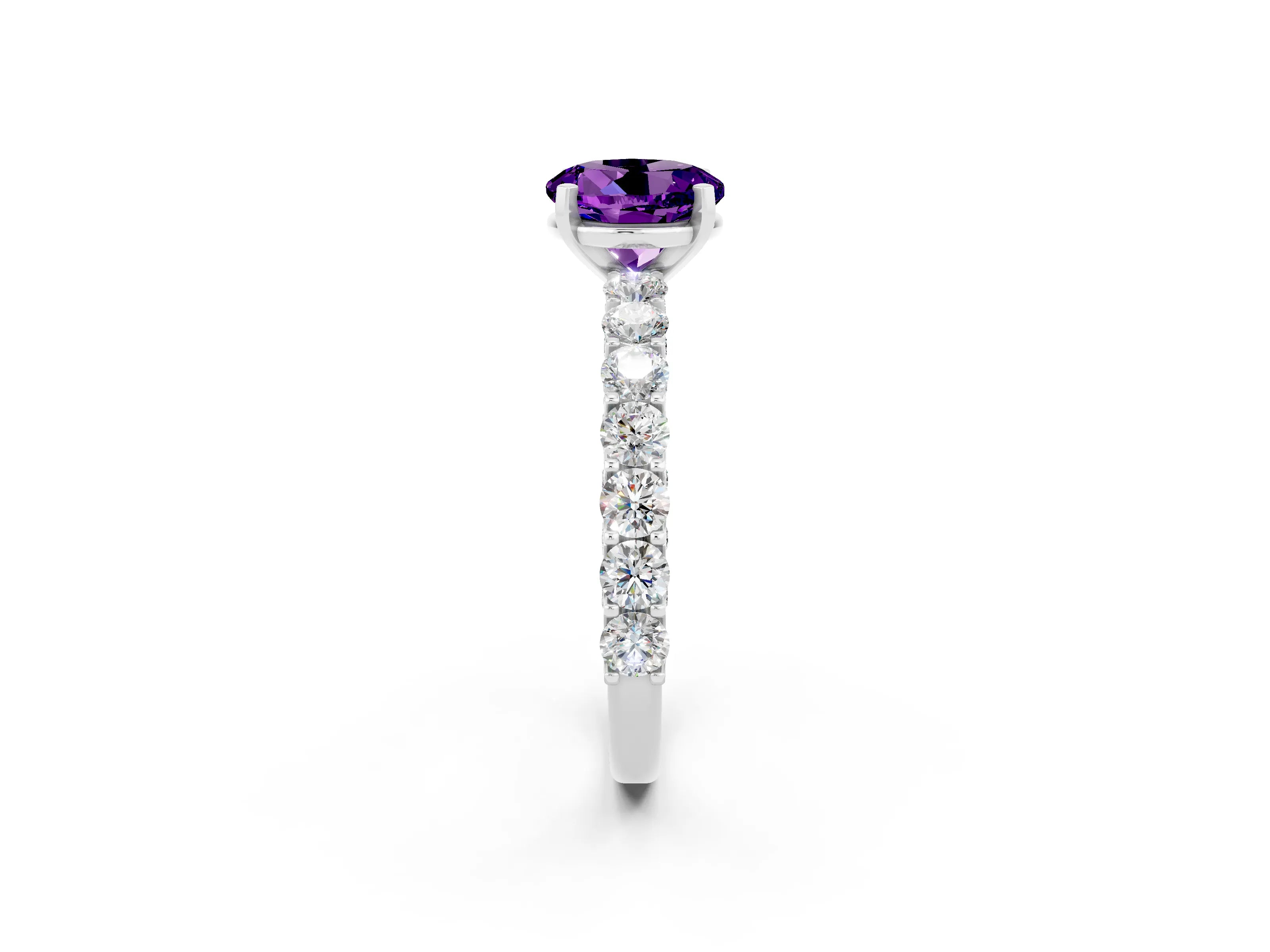 White gold Round Cut Amethyst Solitaire Ring with Shared Prong Pavé Band and Four-Prong Setting_2