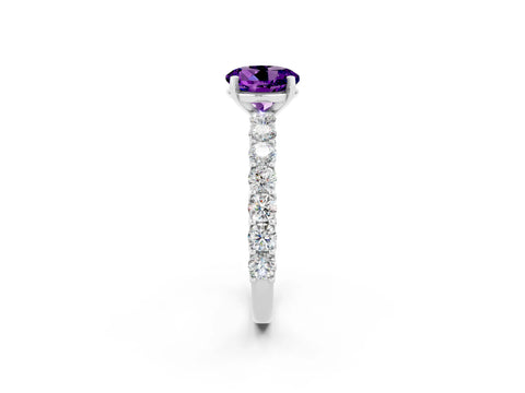 White gold Round Cut Amethyst Solitaire Ring with Shared Prong Pavé Band and Four-Prong Setting_2