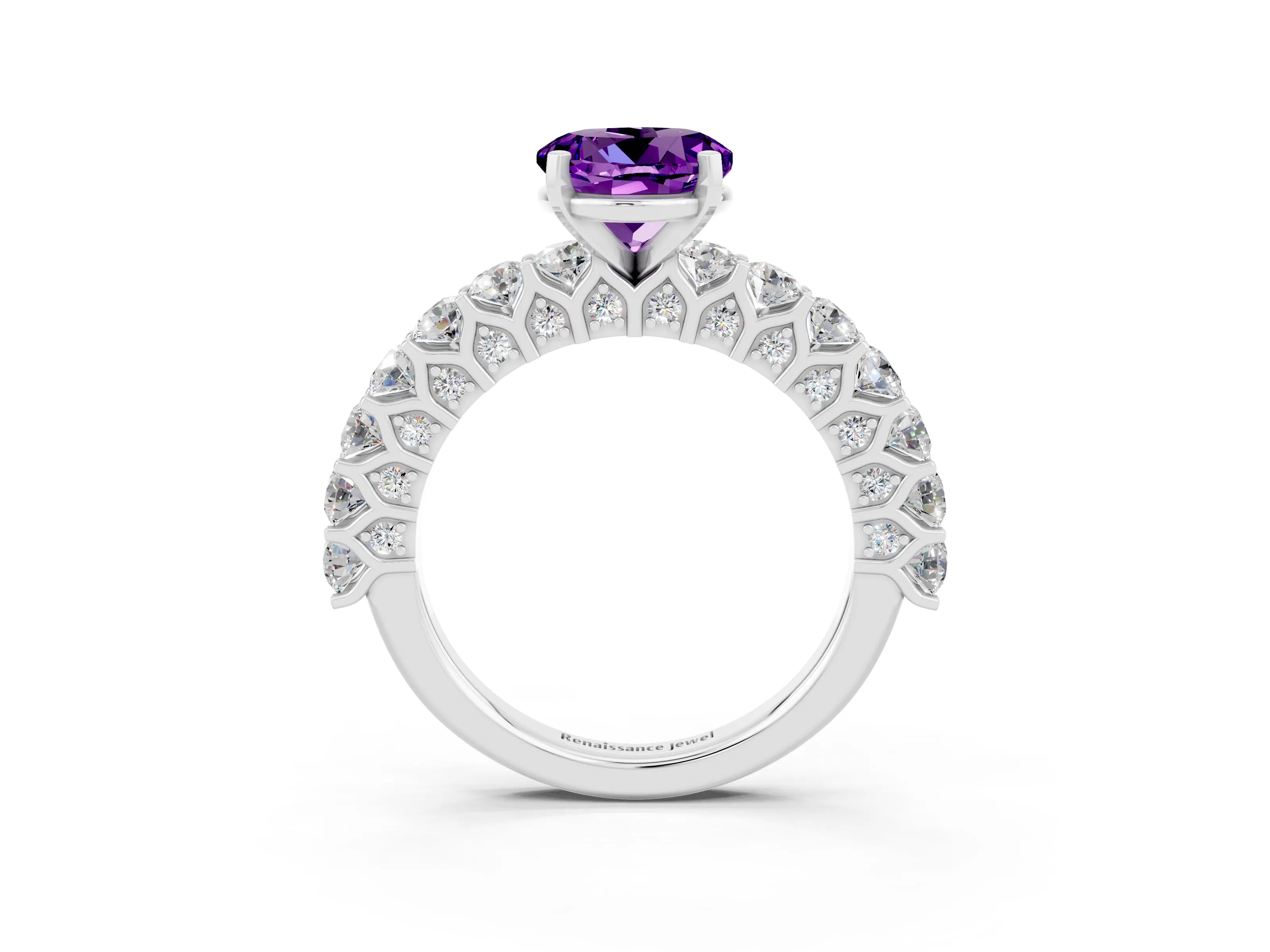 White gold Round Cut Amethyst Solitaire Ring with Shared Prong Pavé Band and Four-Prong Setting_3