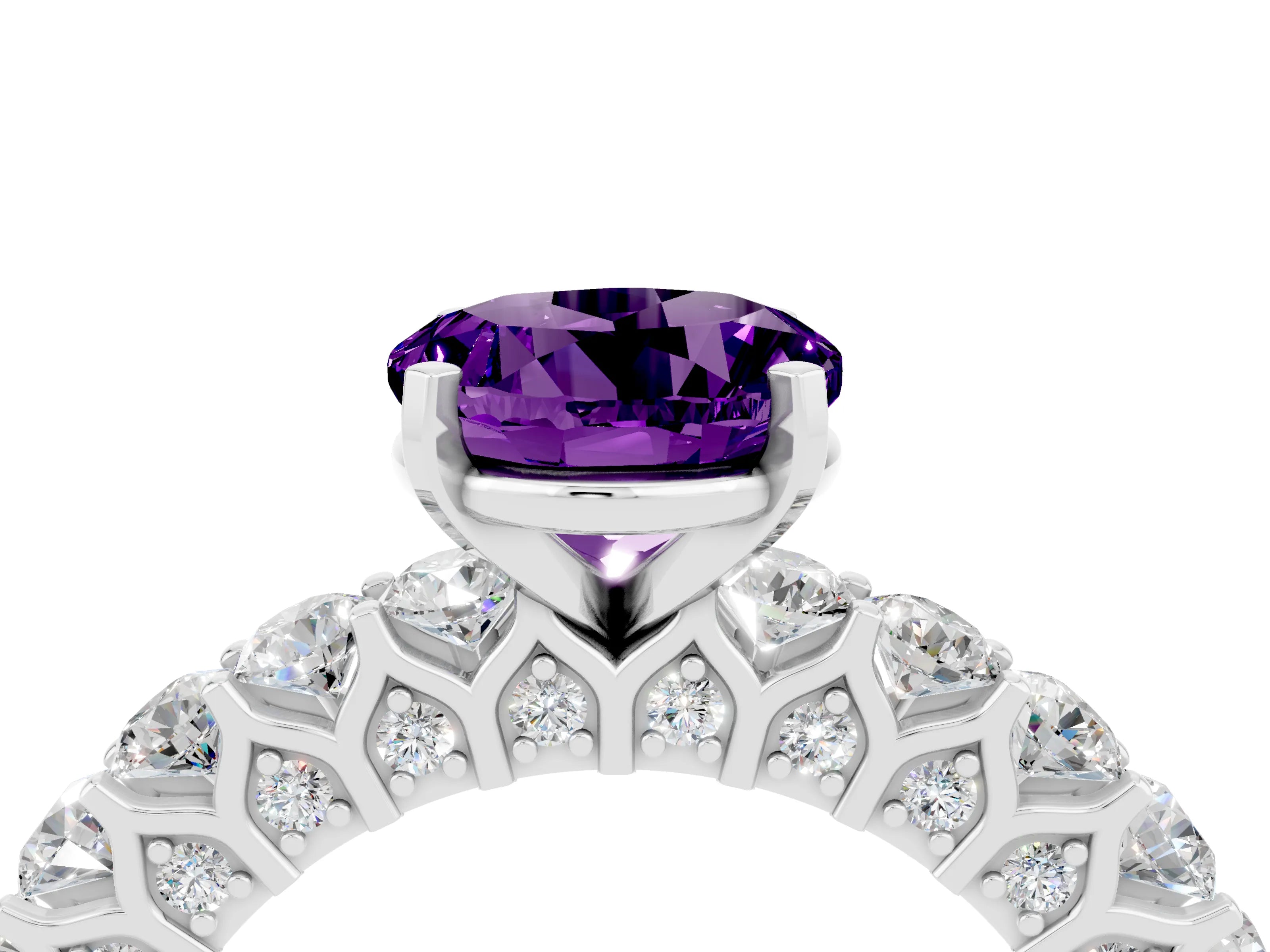 White gold Round Cut Amethyst Solitaire Ring with Shared Prong Pavé Band and Four-Prong Setting_4