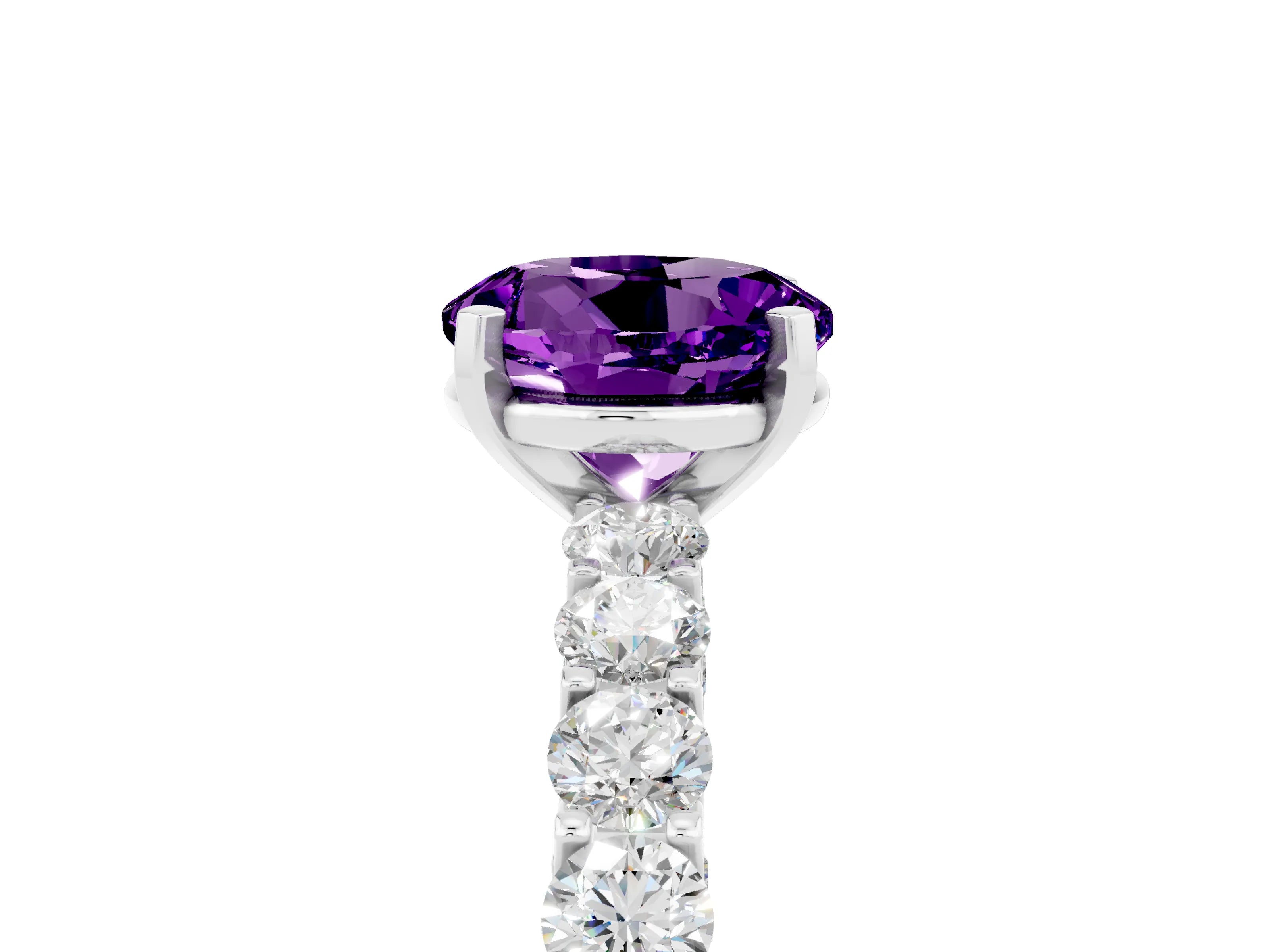 White gold Round Cut Amethyst Solitaire Ring with Shared Prong Pavé Band and Four-Prong Setting_5