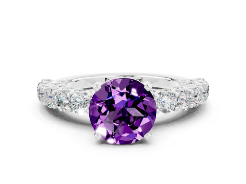 White gold Round Cut Amethyst Solitaire Ring with Shared Prong Pavé Band and Four-Prong Setting