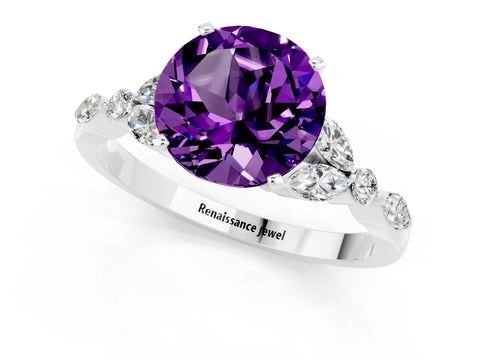 White gold Round Cut Amethyst Solitaire Ring with Side Stones and Four-Prong Setting_13