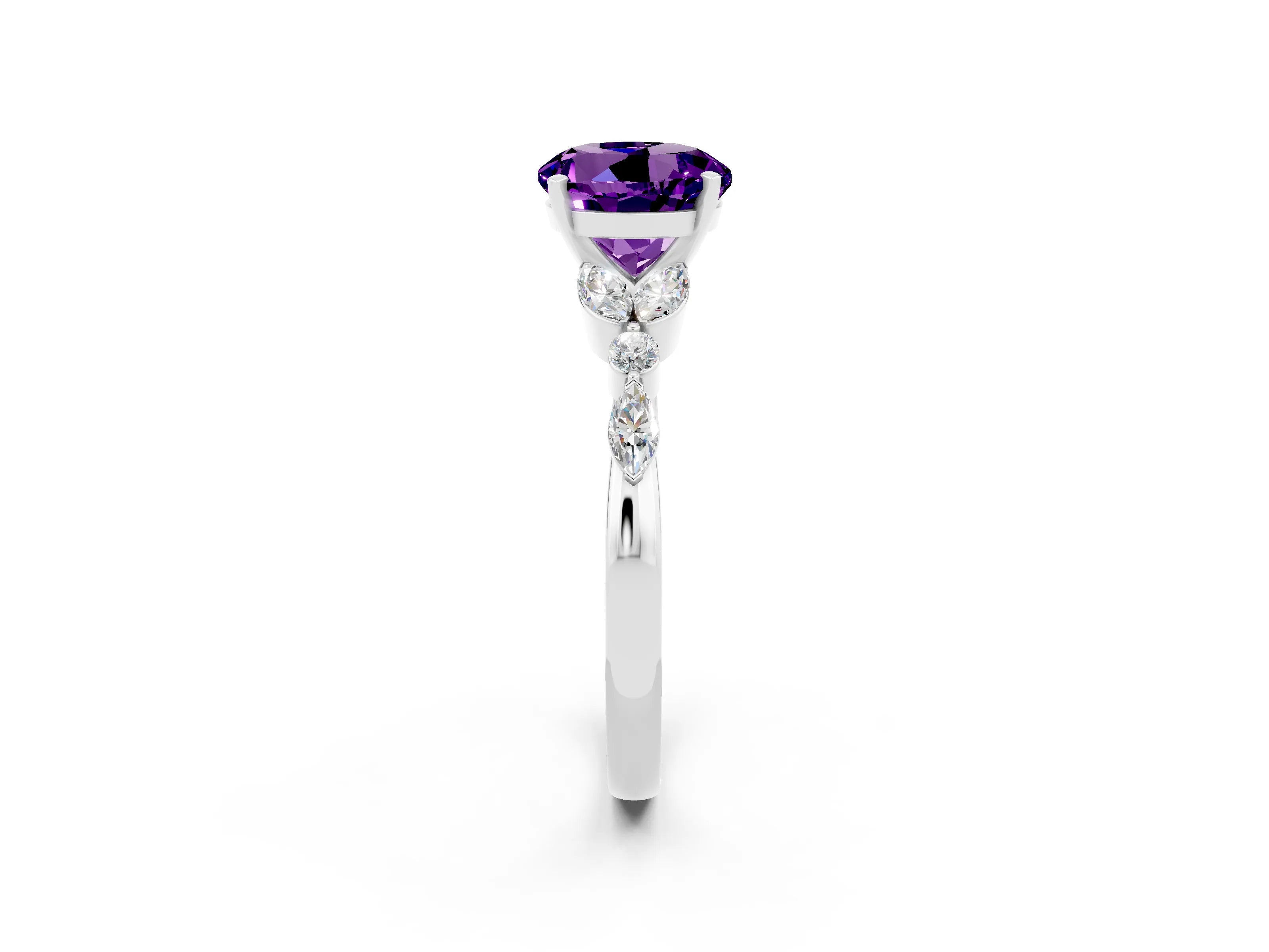 White gold Round Cut Amethyst Solitaire Ring with Side Stones and Four-Prong Setting_14