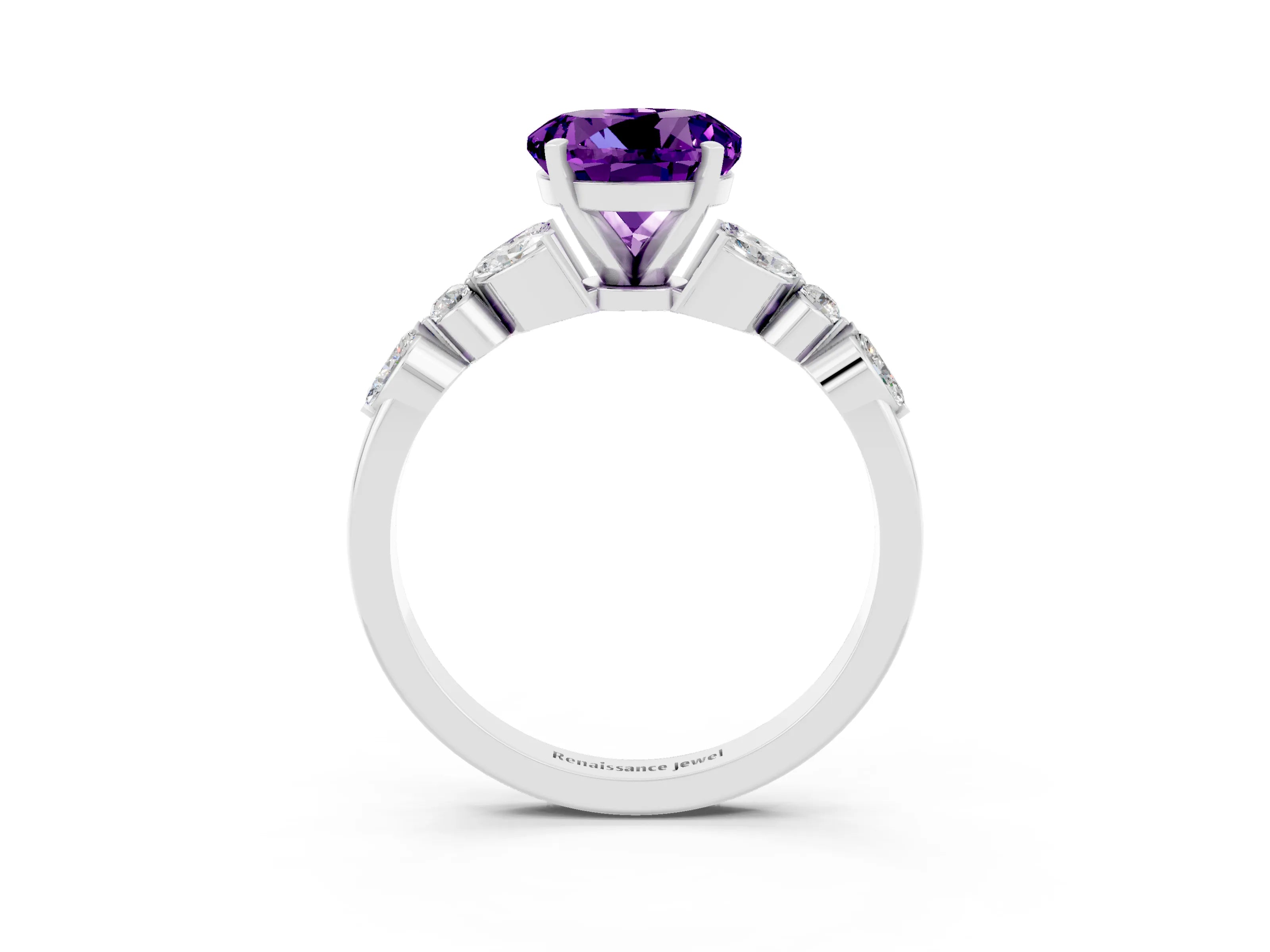 White gold Round Cut Amethyst Solitaire Ring with Side Stones and Four-Prong Setting_15