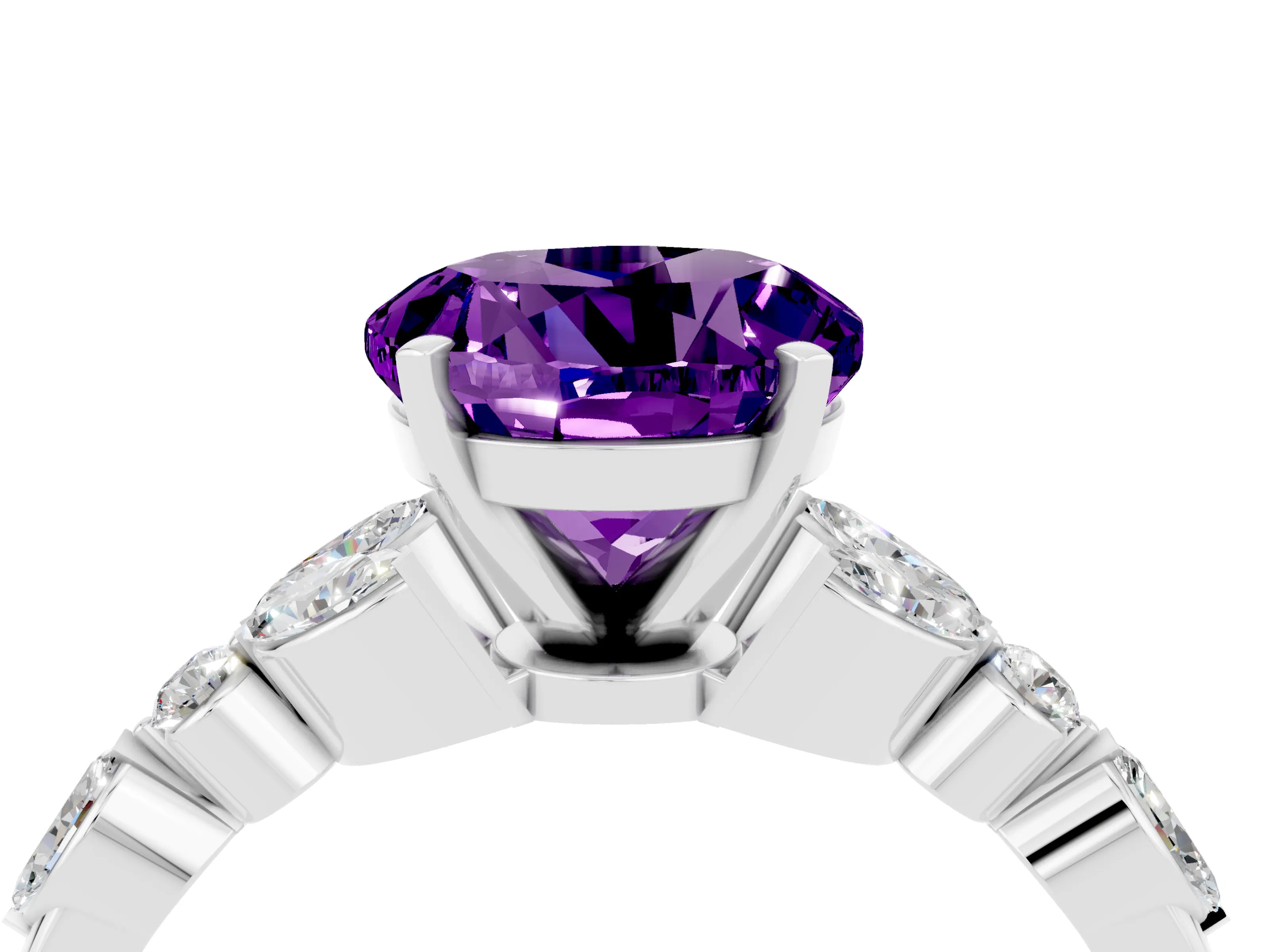 White gold Round Cut Amethyst Solitaire Ring with Side Stones and Four-Prong Setting_16