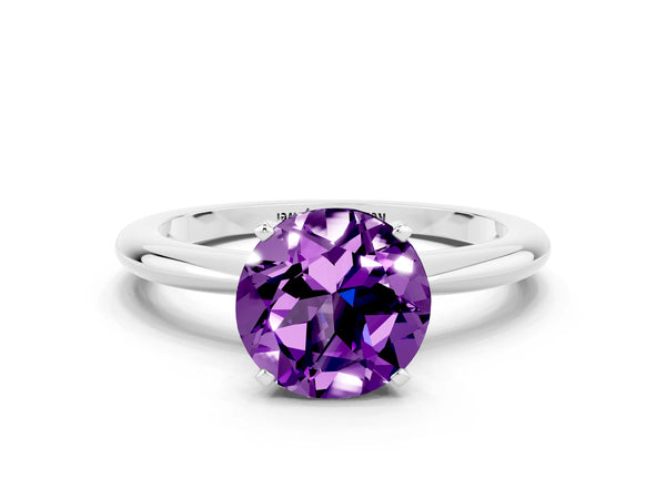 Platinum Round Cut Amethyst Solitaire Ring with Six-Prong Setting and Classic Band