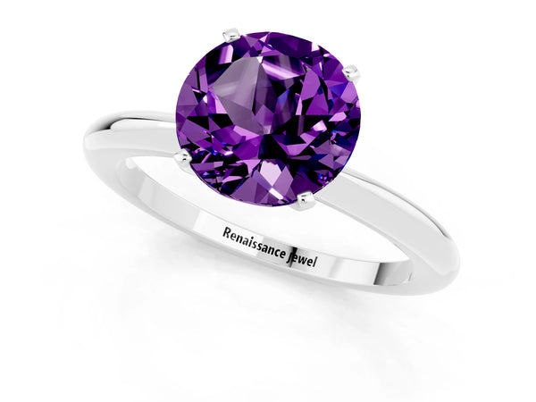 Platinum Round Cut Amethyst Solitaire Ring with Six-Prong Setting and Classic Band