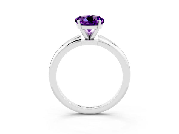 White gold Round Cut Amethyst Solitaire Ring with Six-Prong Setting and Classic Band