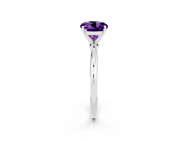 Silver Round Cut Amethyst Solitaire Ring with Six-Prong Setting and Classic Band