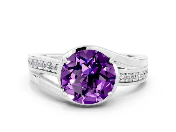 Platinum Round Cut Amethyst Solitaire Ring with Split Shank and Prong Setting