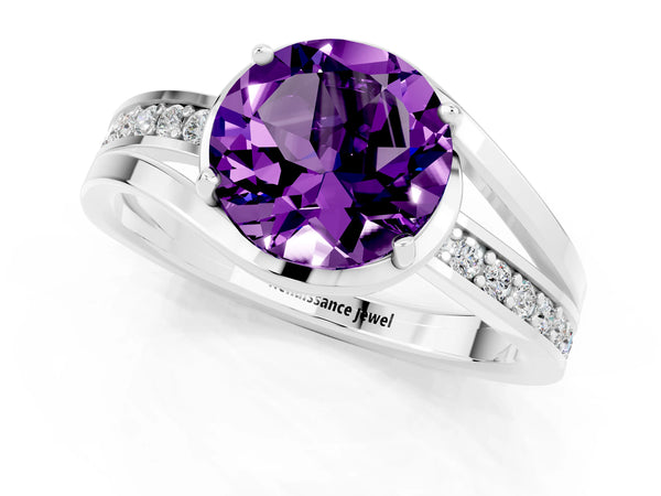 Platinum Round Cut Amethyst Solitaire Ring with Split Shank and Prong Setting