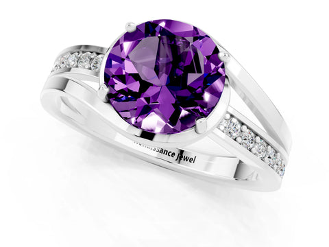 White gold Round Cut Amethyst Solitaire Ring with Split Shank and Prong Setting_1