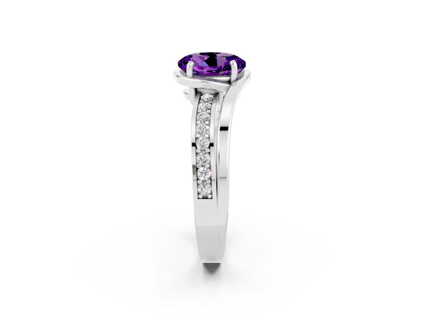 Silver Round Cut Amethyst Solitaire Ring with Split Shank and Prong Setting