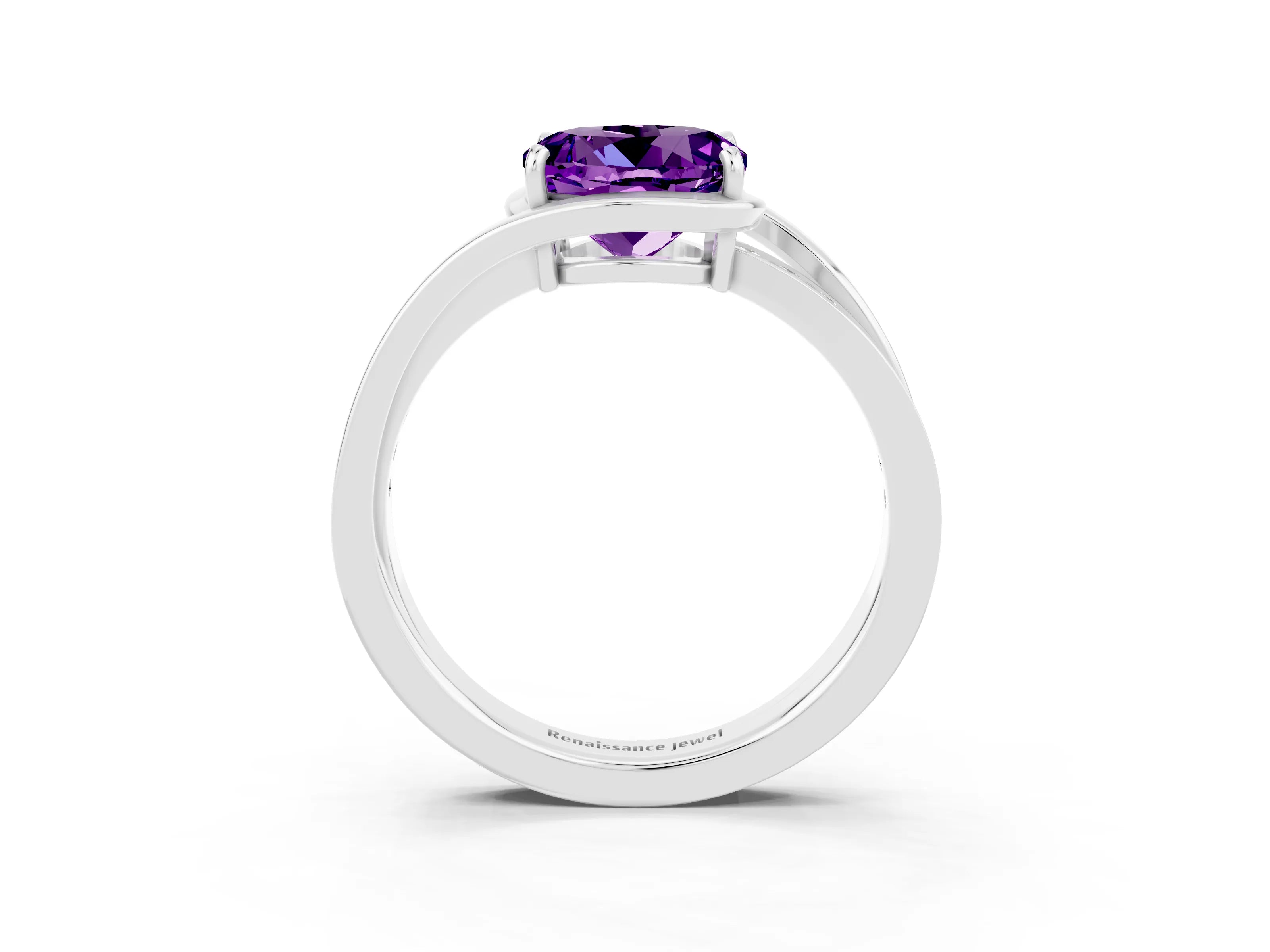 White gold Round Cut Amethyst Solitaire Ring with Split Shank and Prong Setting_3