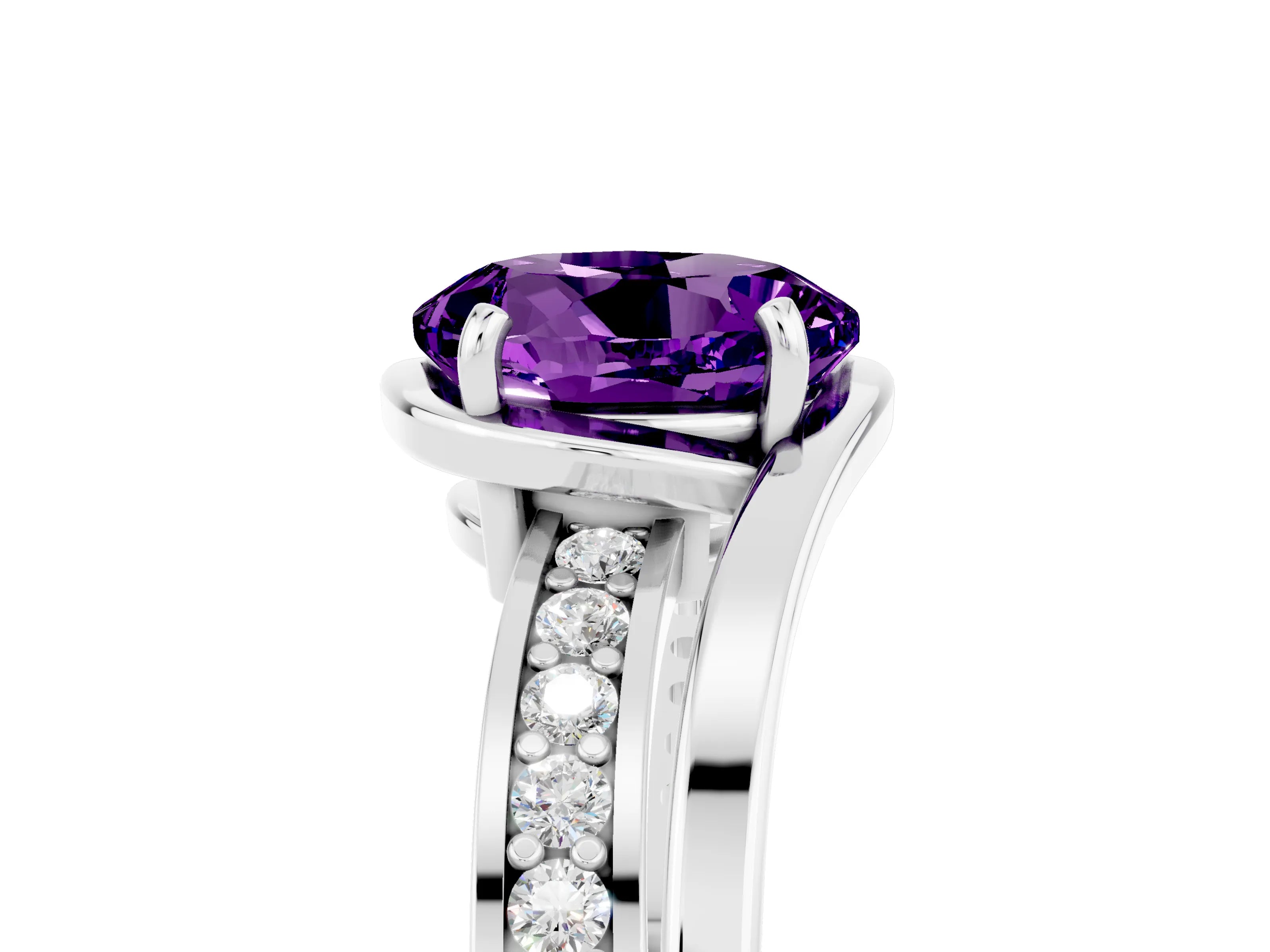 White gold Round Cut Amethyst Solitaire Ring with Split Shank and Prong Setting_5