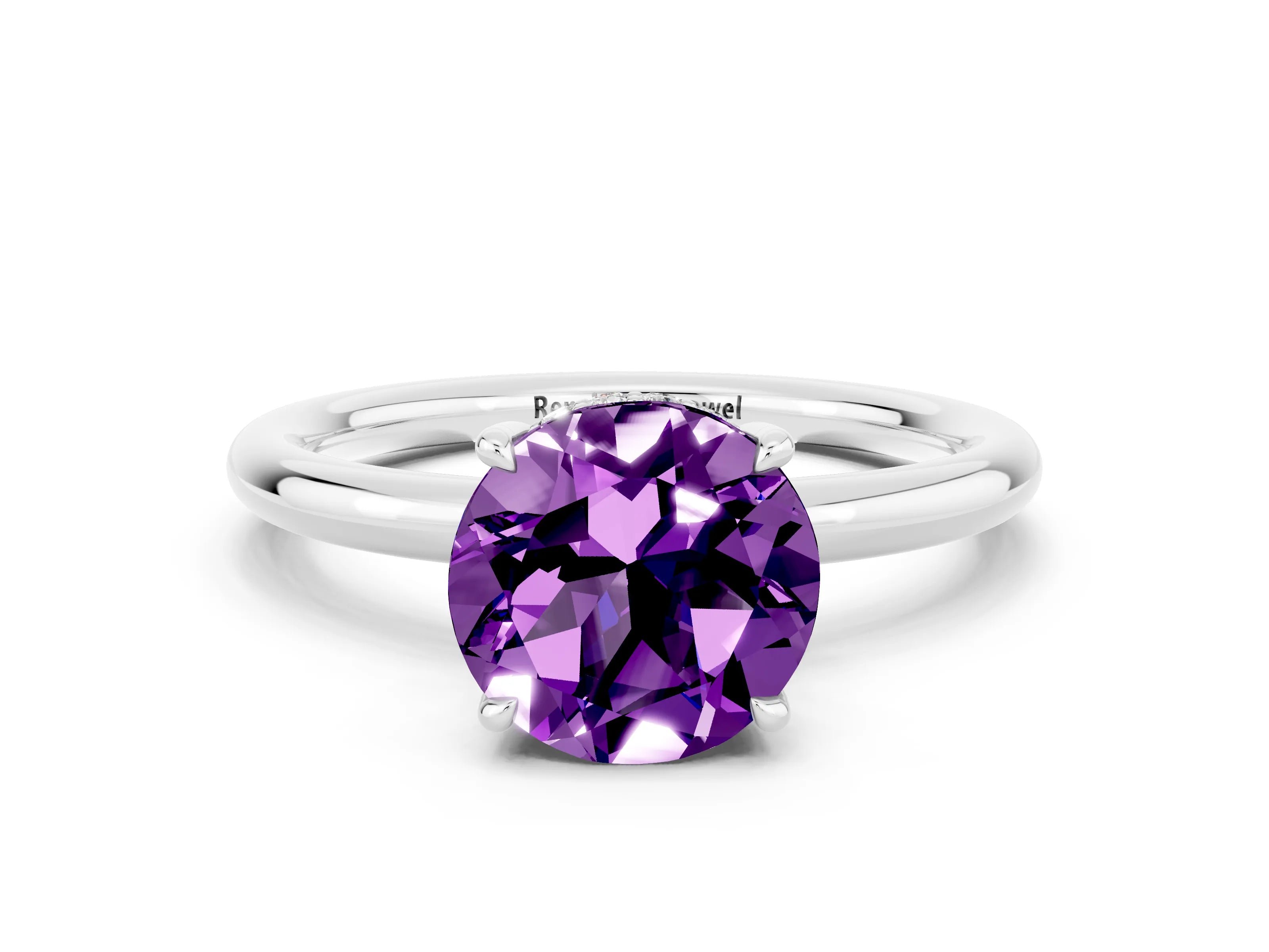 White gold Round Cut Amethyst Solitaire Ring with Thin Band and Four-Prong Setting_12