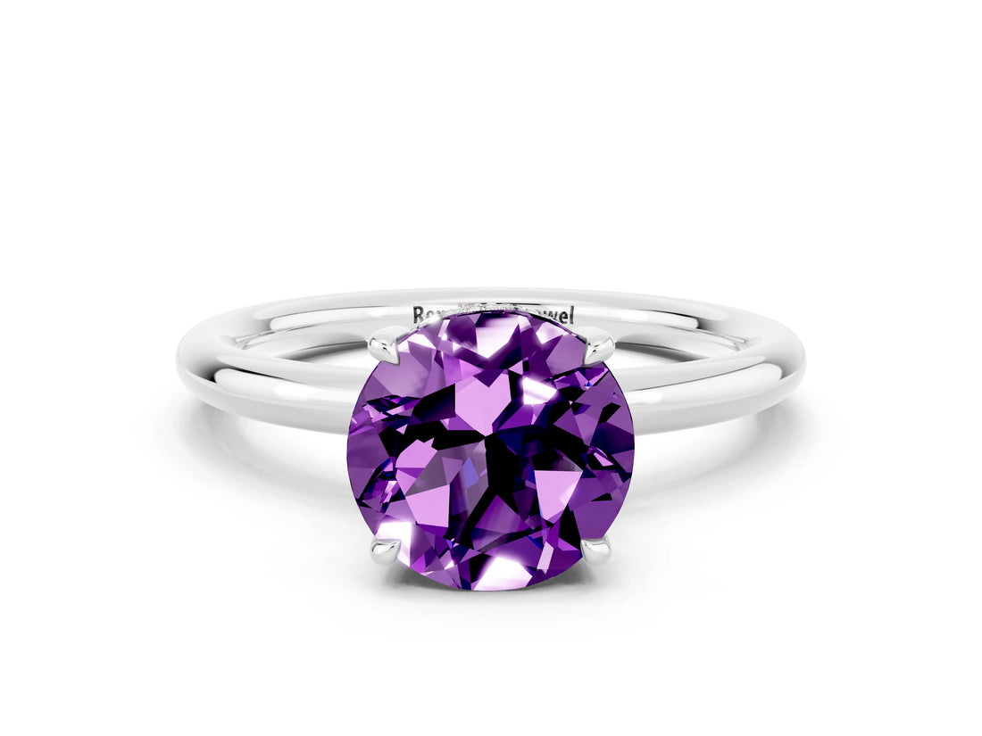White gold Round Cut Amethyst Solitaire Ring with Thin Band and Four-Prong Setting_12