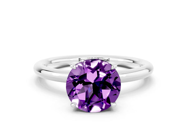 Platinum Round Cut Amethyst Solitaire Ring with Thin Band and Four-Prong Setting