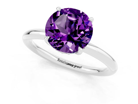 White gold Round Cut Amethyst Solitaire Ring with Thin Band and Four-Prong Setting_13