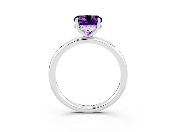 Platinum Round Cut Amethyst Solitaire Ring with Thin Band and Four-Prong Setting