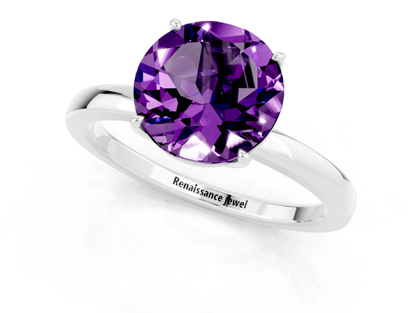 Platinum Round Cut Amethyst Solitaire Ring with Thin Band and Prong Setting